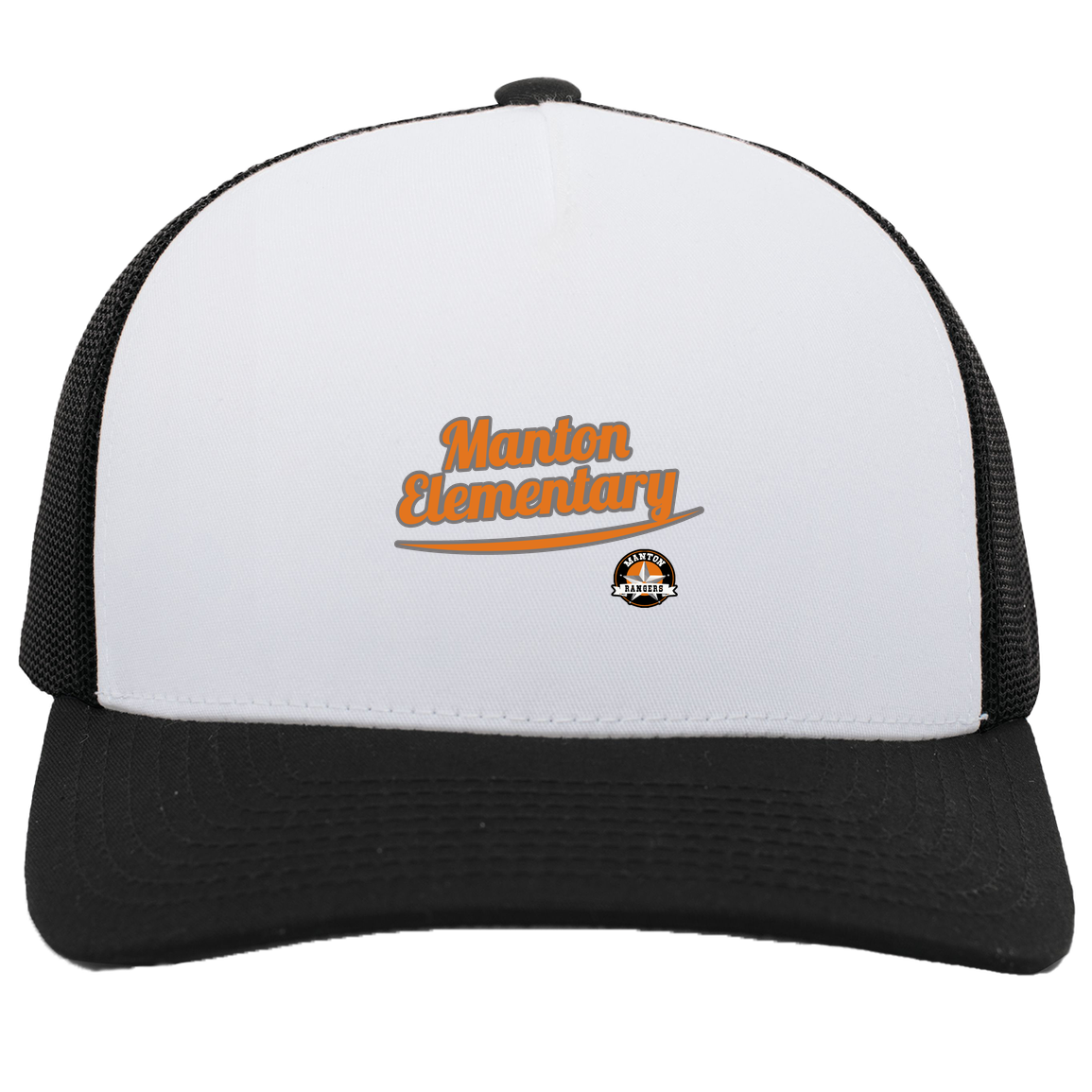 manton-vintage-script-pacific-headwear-5-panel-trucker-snapback-cap — White/Black — Front — source sha256 26393afa06132dbabd8a9b005d842c052477a2f8e481687f63e4833aafce6a8d — Color position 5