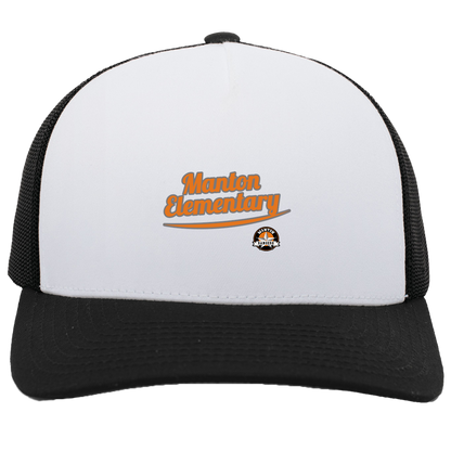 manton-vintage-script-pacific-headwear-5-panel-trucker-snapback-cap — White/Black — Front — source sha256 26393afa06132dbabd8a9b005d842c052477a2f8e481687f63e4833aafce6a8d — Color position 5