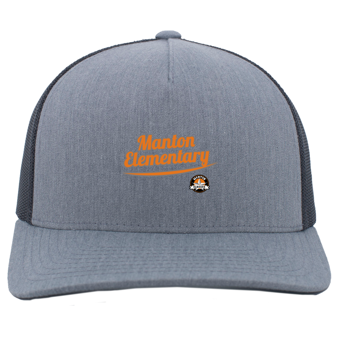 manton-vintage-script-pacific-headwear-5-panel-trucker-snapback-cap — Heather Grey/Light Charcoal — Front — source sha256 281bb9b65bb14d6fc31dc6698e32d9a5165232d4479583e67ad746974ea913ad — Color position 2