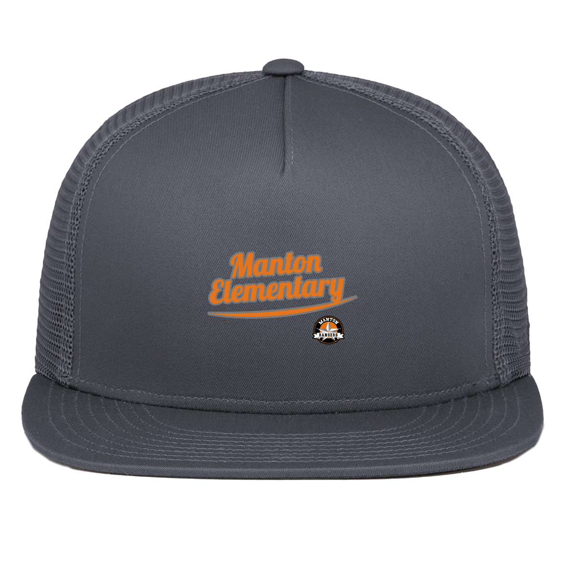 manton-vintage-script-pacific-headwear-d-series-5-panel-trucker-snapback-cap — Graphite — Front — source sha256 2d379b5624d25e656d662f68826e636c5a207a2de57497c372b03be94f8f3f3f — Color position 3