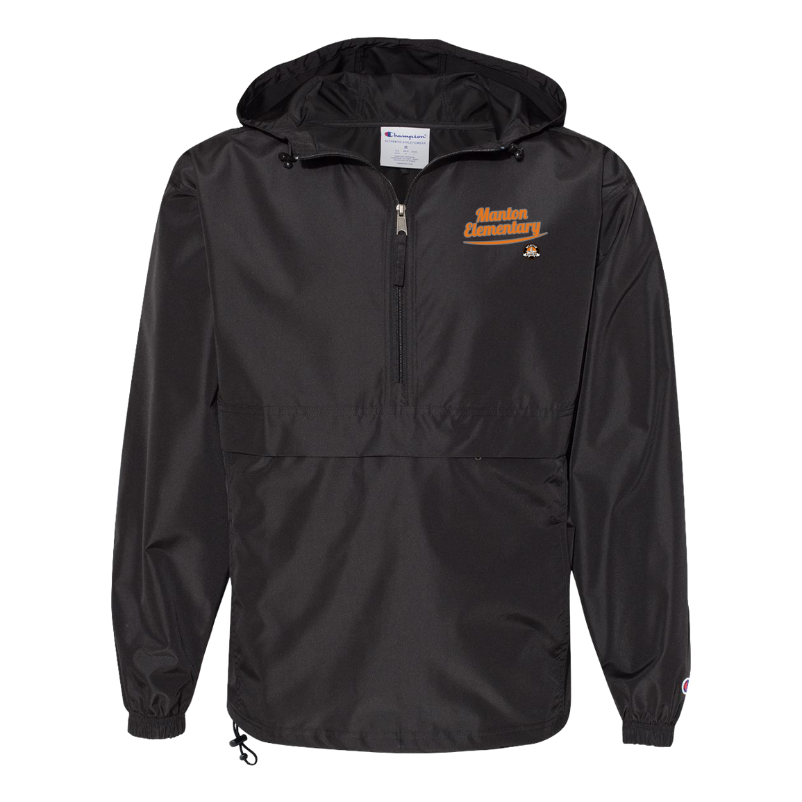 manton-vintage-script-champion-unisex-packable-anorak-jacket — Black — Front — source sha256 2fca90281771b61c46891882370baedfb31be36e2061558563614ad032fcedc9 — Color position 1