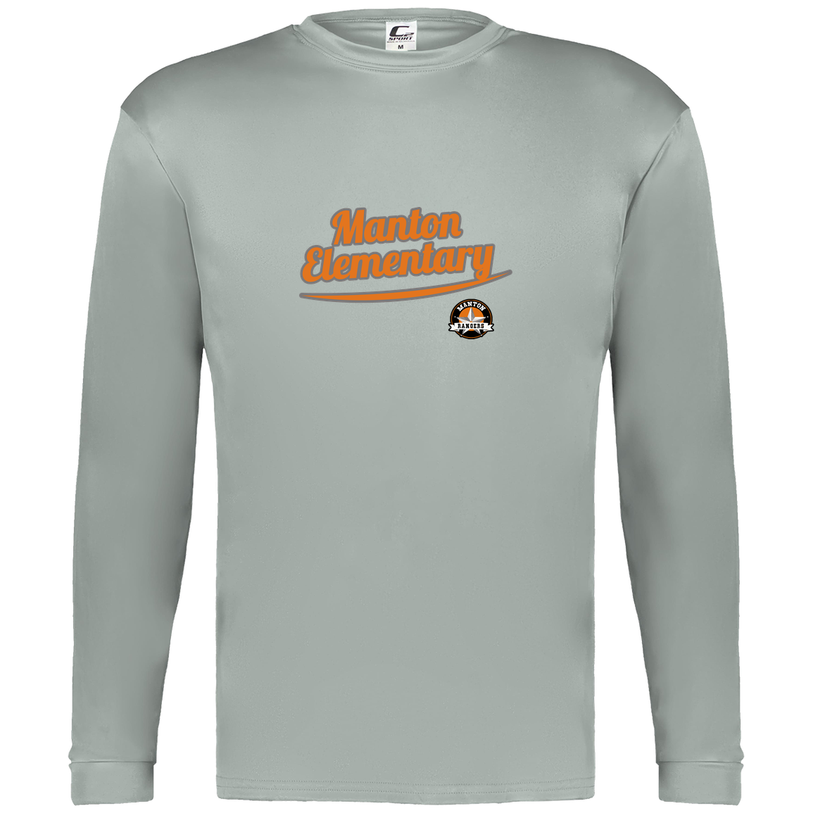 manton-vintage-script-c2-mens-performance-long-sleeve-tee — Silver — Front — source sha256 356a62c9ad1fdf69e3b2fe04c1628cae12493aeda956e25fe3f9d92c9759a14e — Color position 3