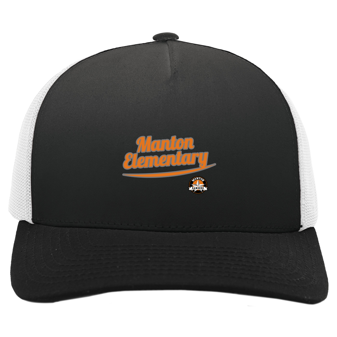 manton-vintage-script-pacific-headwear-5-panel-trucker-snapback-cap — Black/White — Front — source sha256 37203dae557bf22ef078e1ea0a4c80e8a53cbfaefb096d1abc647aeaa7023d1c — Color position 4