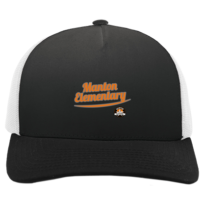 manton-vintage-script-pacific-headwear-5-panel-trucker-snapback-cap — Black/White — Front — source sha256 37203dae557bf22ef078e1ea0a4c80e8a53cbfaefb096d1abc647aeaa7023d1c — Color position 4