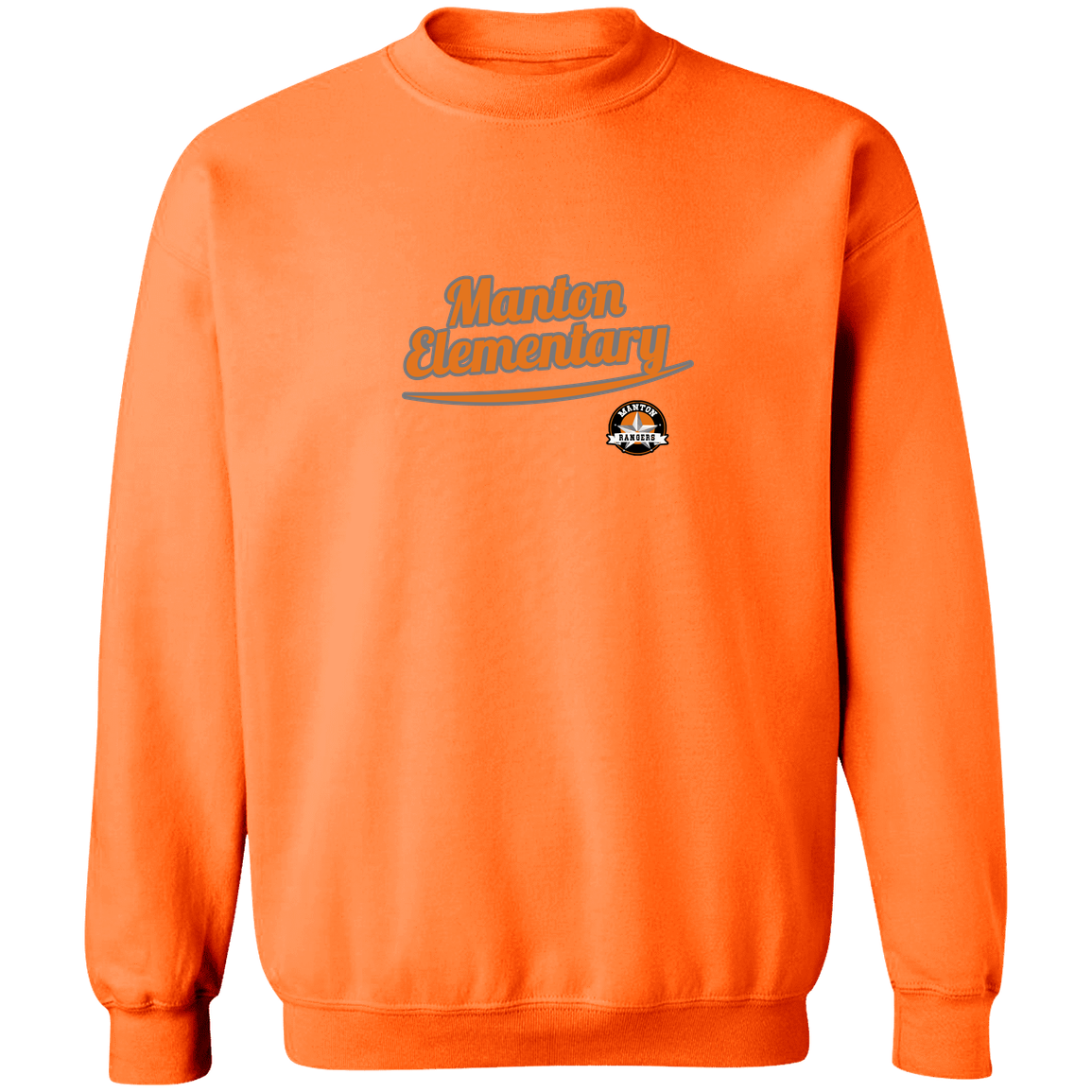 manton-vintage-script-gildan-crewneck-pullover-sweatshirt — Safety Orange — Front — source sha256 3c90c09b5e1455873b43272df67b720518af9792be565c226fa66e3872afd9cd — Color position 7