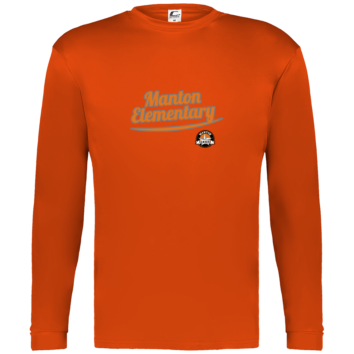 manton-vintage-script-c2-mens-performance-long-sleeve-tee — Orange — Front — source sha256 52bd358e21f7388caf2f85a89395cd55d26e81d77a92b09f4ae64fffffb104f0 — Color position 5