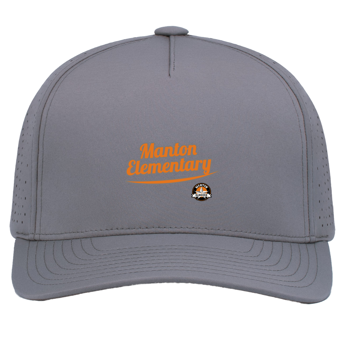 manton-vintage-script-pacific-headwear-weekender-perforated-snapback-cap — Graphite — Front — source sha256 562f89a1a8baa9efa405a7bf43b0bfee457d8ca8aae45d5c7a540fdfd874e947 — Color position 4