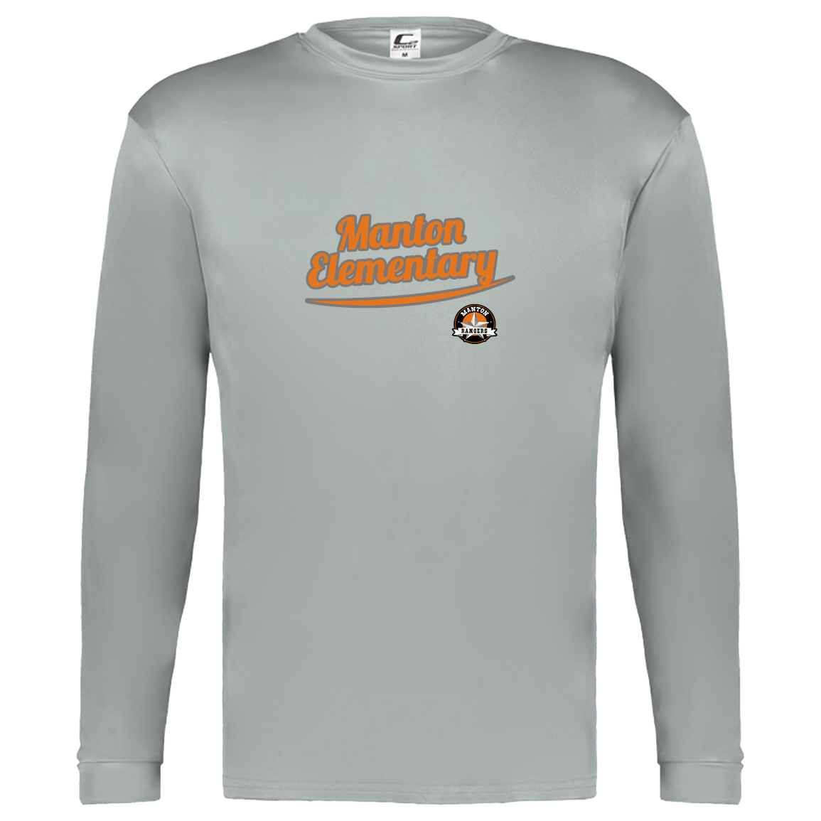 manton-vintage-script-c2-kids-performance-long-sleeve-tee — Silver — Front — source sha256 8bf5f43778567ad583b265158f10fcfe4f15cd6b3733982082146aab71c0a84e — Color position 3