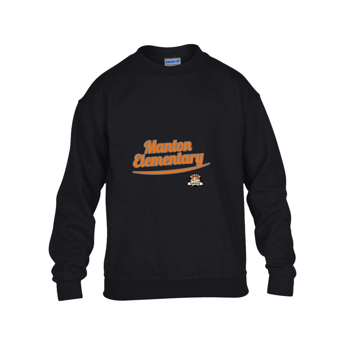 manton-vintage-script-gildan-kids-heavy-blend-fleece-crew — Black — Front — source sha256 8cdef92a6b96ea92f309ed7b5678ad607ffb6dfee51bc7fb7278b07a479fcde0 — Color position 1