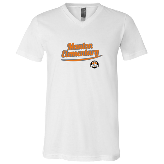 manton-vintage-script-bella-canvas-unisex-jersey-ss-v-neck-t-shirt — White — Front — source sha256 985a5d39b3a1cfeaf6321c77bc65ee44f9e9dbf7ad850741ed8e33c78d8c284a — Color position 1