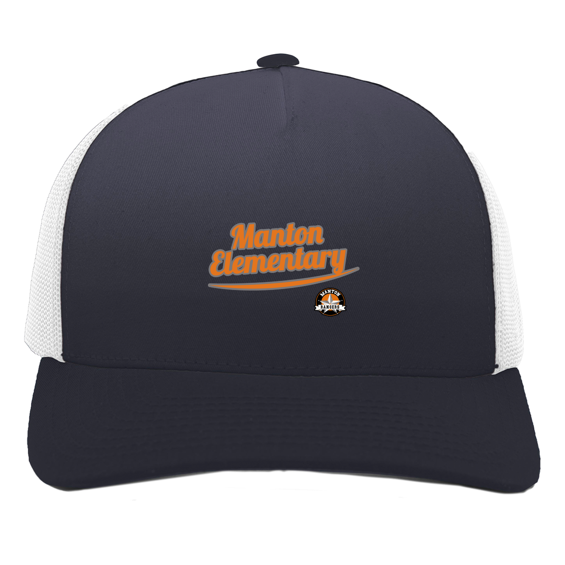 manton-vintage-script-pacific-headwear-5-panel-trucker-snapback-cap — Navy/White — Front — source sha256 9dec48249be461848f7ff4c42f9ac593a5379c7ee75f52926dfad61110b5b8db — Color position 1
