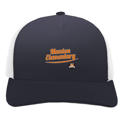 manton-vintage-script-pacific-headwear-5-panel-trucker-snapback-cap — Navy/White — Front — source sha256 9dec48249be461848f7ff4c42f9ac593a5379c7ee75f52926dfad61110b5b8db — Color position 1