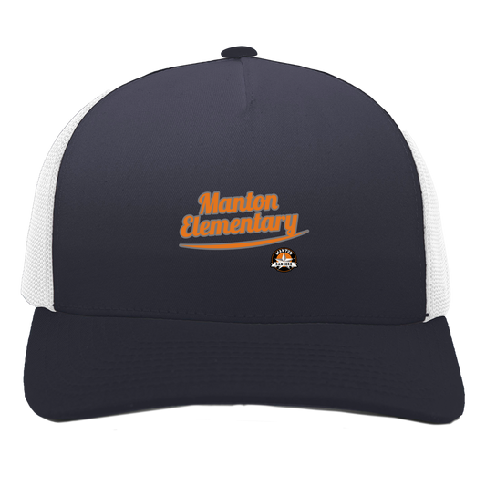 manton-vintage-script-pacific-headwear-5-panel-trucker-snapback-cap — Navy/White — Front — source sha256 9dec48249be461848f7ff4c42f9ac593a5379c7ee75f52926dfad61110b5b8db — Color position 1