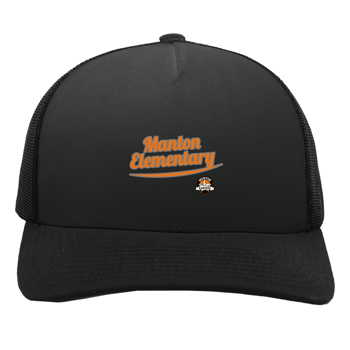 manton-vintage-script-pacific-headwear-5-panel-trucker-snapback-cap — Black/Black — Front — source sha256 b15a26b09a4196d758ec071efe49657c5602135e3ec0d49c8a648036f39e92e9 — Color position 3