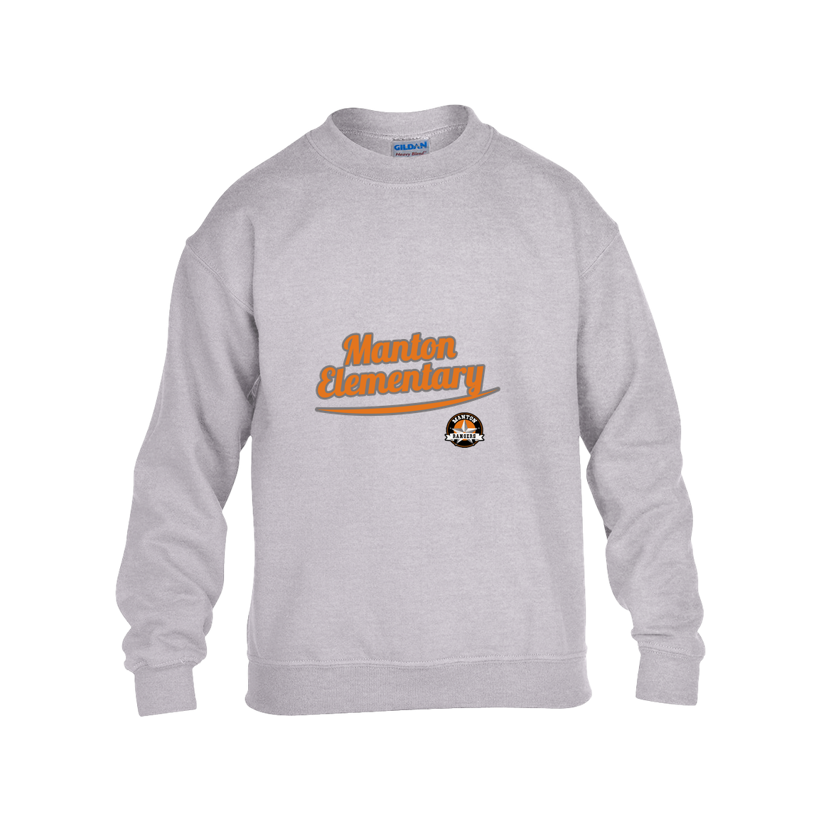 manton-vintage-script-gildan-kids-heavy-blend-fleece-crew — Grey — Front — source sha256 b27aa9406f3b3288fa96a1800e08a7278e9d4add101a7d9b6f5fd1e07bae629d — Color position 3