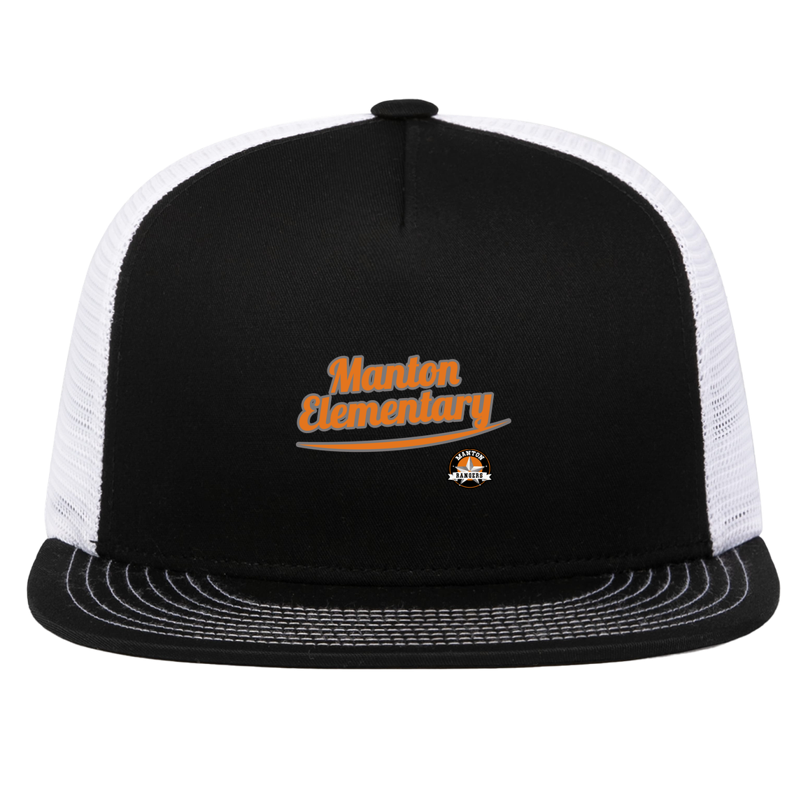 manton-vintage-script-pacific-headwear-d-series-5-panel-trucker-snapback-cap — Black/White — Front — source sha256 b7644d355ddc52f95e3cd92bb8aee5193057b5be7990f0ed0280001744578b2f — Color position 2