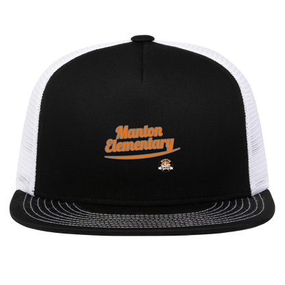 manton-vintage-script-pacific-headwear-d-series-5-panel-trucker-snapback-cap — Black/White — Front — source sha256 b7644d355ddc52f95e3cd92bb8aee5193057b5be7990f0ed0280001744578b2f — Color position 2