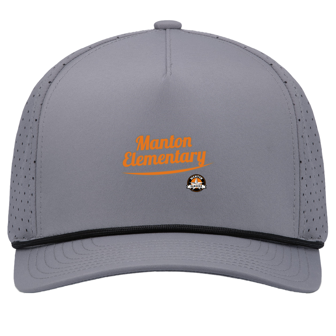 manton-vintage-script-pacific-headwear-weekender-perforated-snapback-cap — Graphite/Black — Front — source sha256 c39ea3f28db5f9a0b2545392635636e2f694ae7c3651d66e92f2195d28c8cd90 — Color position 3