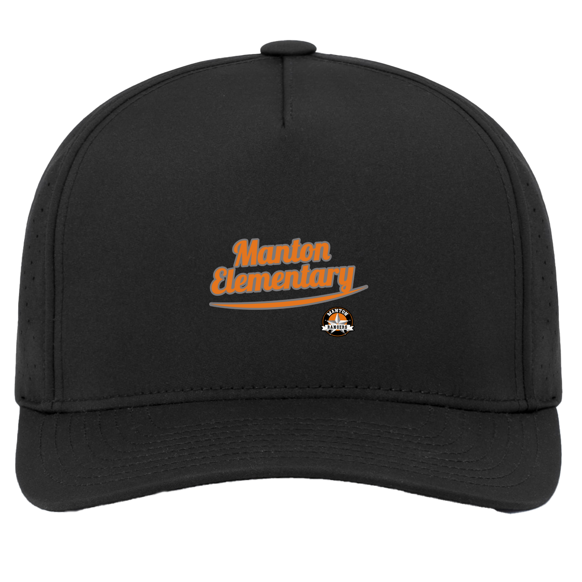manton-vintage-script-pacific-headwear-weekender-perforated-snapback-cap — Black — Front — source sha256 ccc111ce830bc1ad472dc75872e3c29c9d49a4dcbd02891abbb1bc1fc12fdba2 — Color position 2