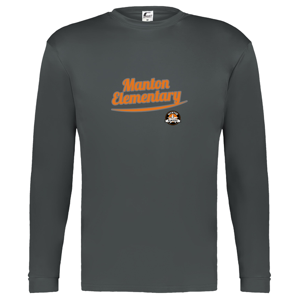 manton-vintage-script-c2-kids-performance-long-sleeve-tee — Graphite — Front — source sha256 d6de79ae6c4c0ab1e1edfe110a30a2074ee7e4f58b18748e99d686b2e31a4ca0 — Color position 2