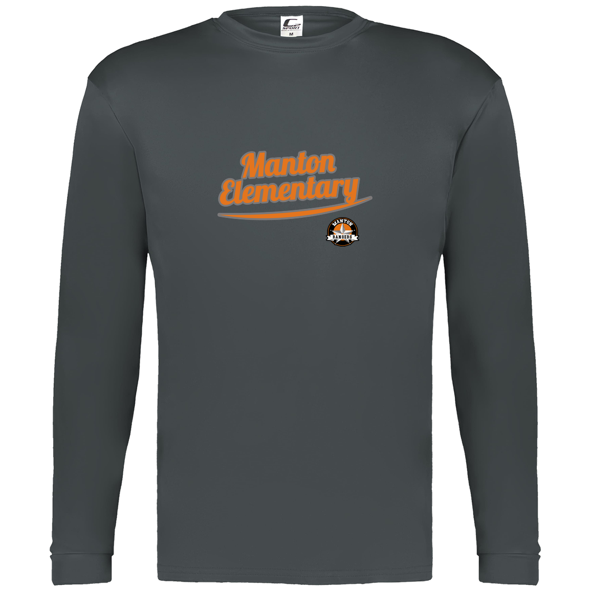 manton-vintage-script-c2-mens-performance-long-sleeve-tee — Graphite — Front — source sha256 da7be3253b24512f7c3eb0e76f014c3e1c133df1730332f4fe8a03d27d836d59 — Color position 2