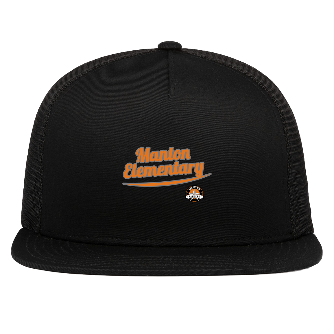 manton-vintage-script-pacific-headwear-d-series-5-panel-trucker-snapback-cap — Black — Front — source sha256 df00d06356da481f99fd2cfcf425c7c56e0cf7a87d28cda011fc029481667df9 — Color position 1