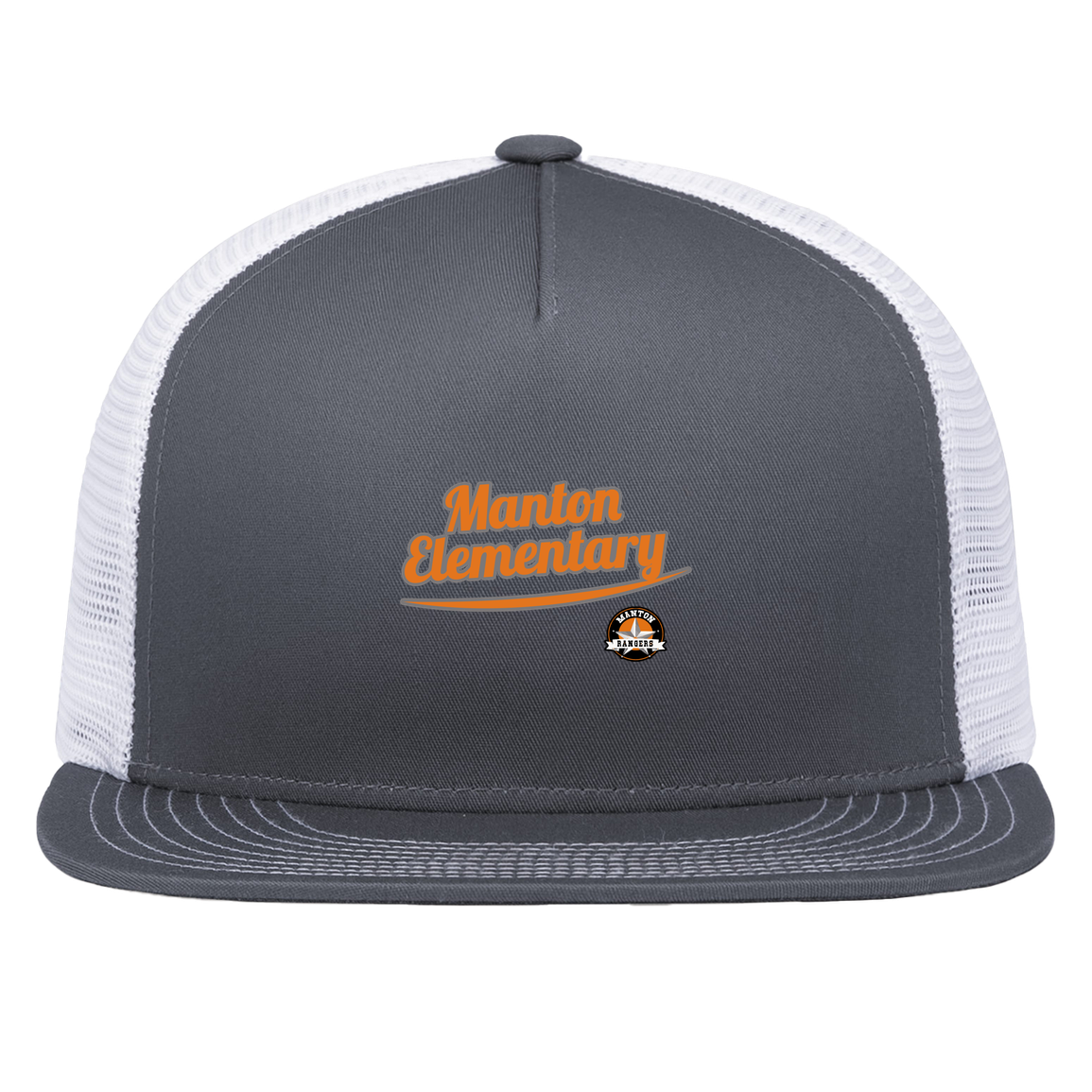 manton-vintage-script-pacific-headwear-d-series-5-panel-trucker-snapback-cap — Graphite/White — Front — source sha256 ed40e841b745a038930f58d6279f7cf1a0b8f1d795d5f778786894c42bde331e — Color position 4