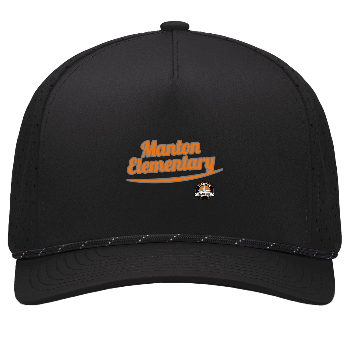 manton-vintage-script-pacific-headwear-weekender-perforated-snapback-cap — Black/Black — Front — source sha256 ee5d419548acd2c5cc13be53136e08470c8ef414d5a4bb753a0d6fae6d36f1b9 — Color position 1