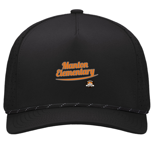 manton-vintage-script-pacific-headwear-weekender-perforated-snapback-cap — Black/Black — Front — source sha256 ee5d419548acd2c5cc13be53136e08470c8ef414d5a4bb753a0d6fae6d36f1b9 — Color position 1