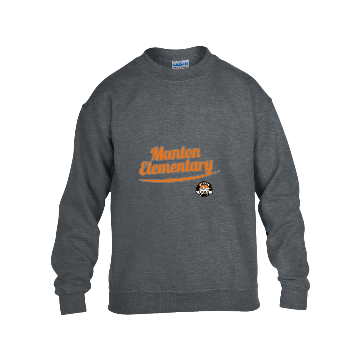 manton-vintage-script-gildan-kids-heavy-blend-fleece-crew — Dark Heather — Front — source sha256 f25e5c203f407001ecb18c071f7e2353d2095c4ce8125b103d0af7133978e2de — Color position 2