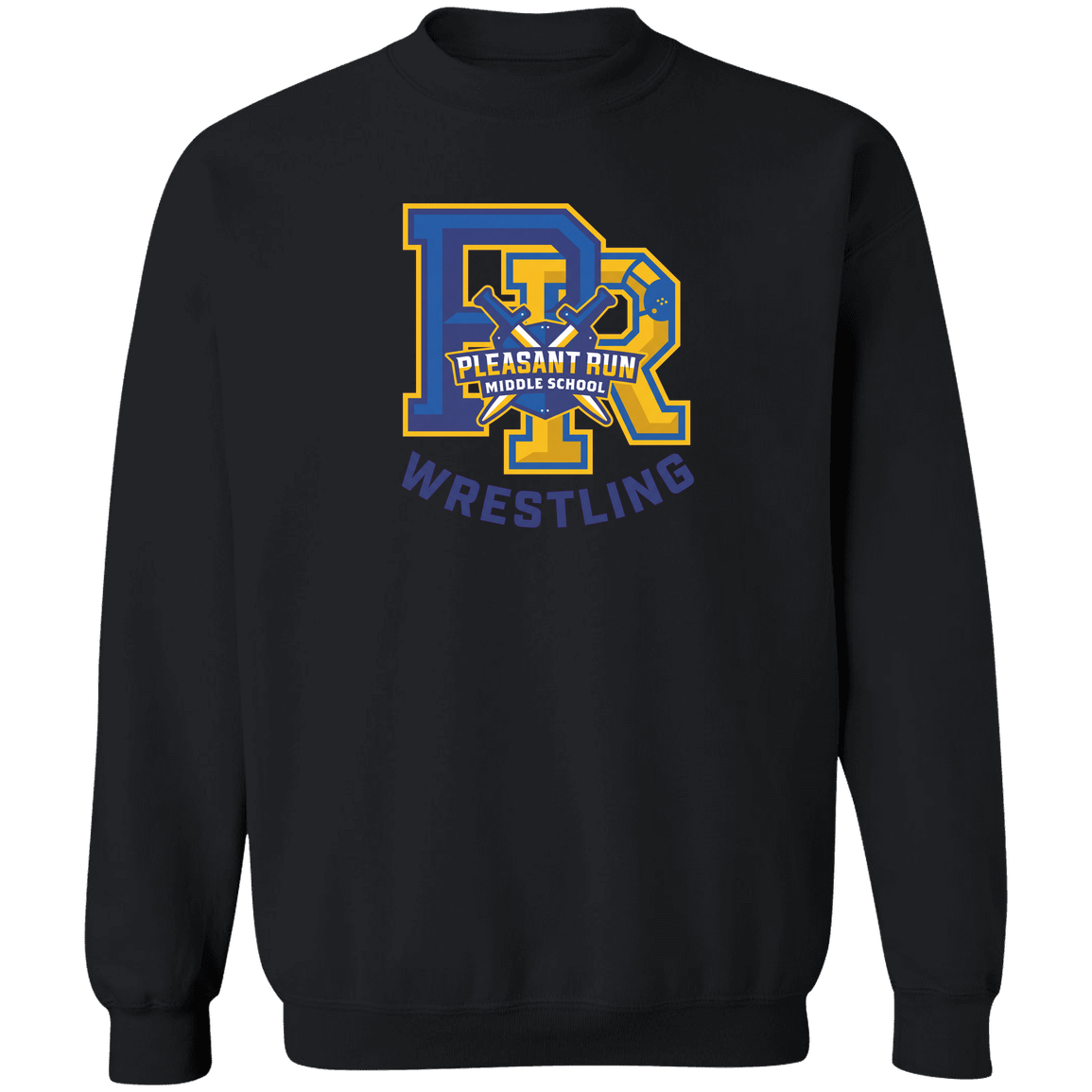 pleasant-run-team-monogram-gildan-crewneck-pullover-sweatshirt — Black — Front — source sha256 d2513db565e57c315efdffde1f4f47dd53794048f9a2c2ab346ee445ce729141 — Color position 2