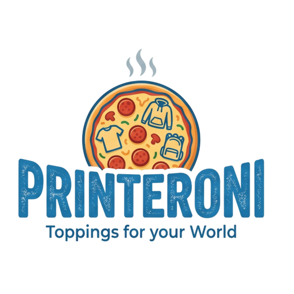 Logo of Printeroni with a pizza graphic and text 'Toppings for your World' on a white background.