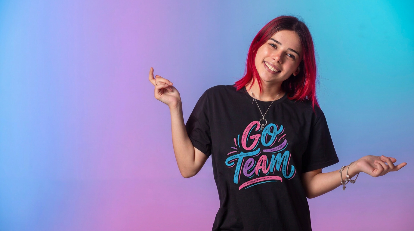 Woman wearing a black t-shirt with 'Go Team' text on a colorful gradient background