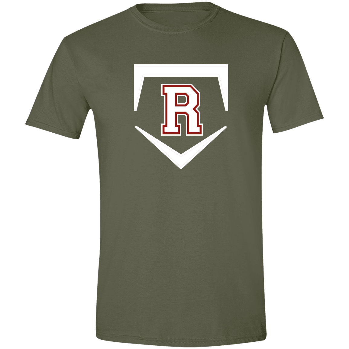 rally-softball-rally-base-original-white-gildan-mens-softstyle-tee — Military Green — Front — source sha256 41c72b6d55a956496409f2e68555e186d66e2daf0b54462d37309207971d3fd7 — Color position 1