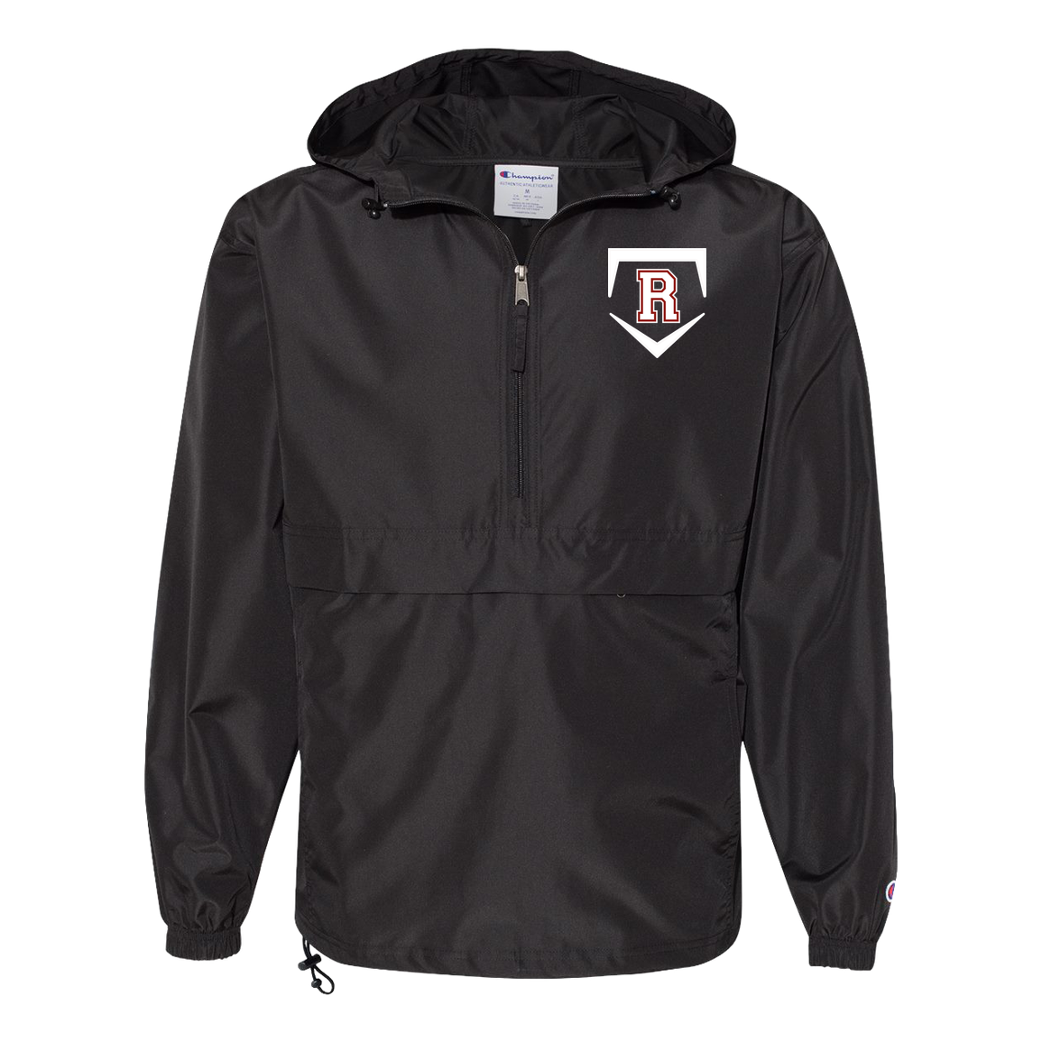 rally-softball-rally-base-original-white-champion-unisex-packable-anorak-jacket — Black — Front — source sha256 7f06e76832ce8264d4df2d33e334f4802e2c2bcbe5f874946ff332d3297781ea — Color position 1