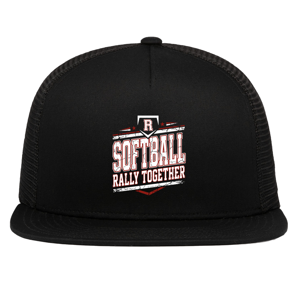 rally-softball-rally-base-rally-together-white-pacific-headwear-d-series-5-panel-trucker-snapback-cap — Black — Front — source sha256 37826f08e8e27f4c9e6ee6e08bce61af77e31ed13bc742ff07d91a2b5284760a — Color position 1