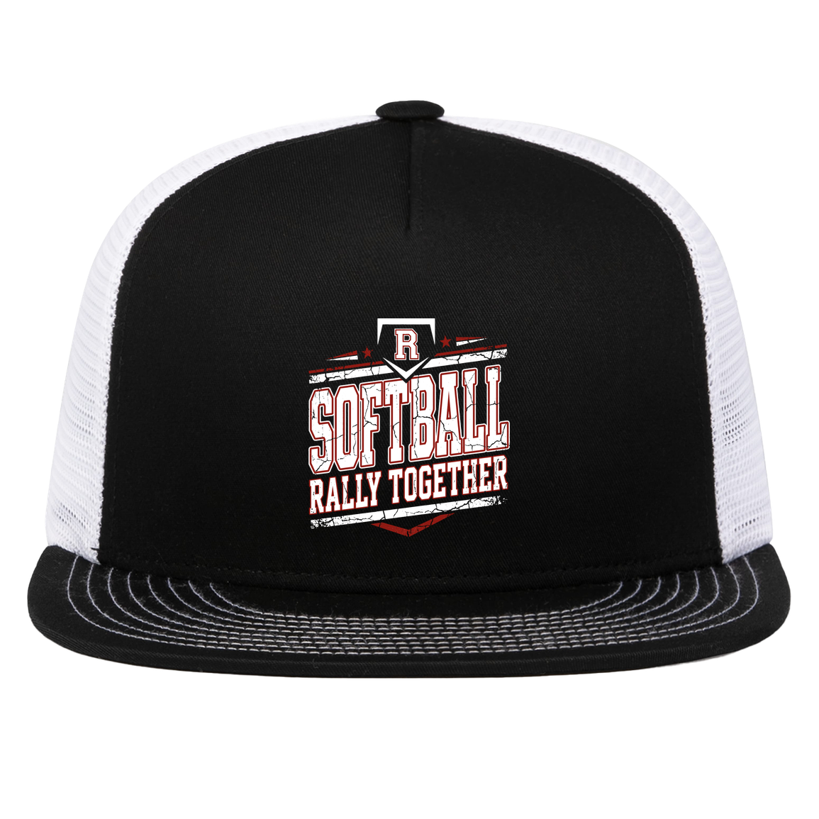 rally-softball-rally-base-rally-together-white-pacific-headwear-d-series-5-panel-trucker-snapback-cap — Black/White — Front — source sha256 50a671087017f29da2aa6be5849c1c89d02f053c30e2e75a32125a589fd869fb — Color position 2