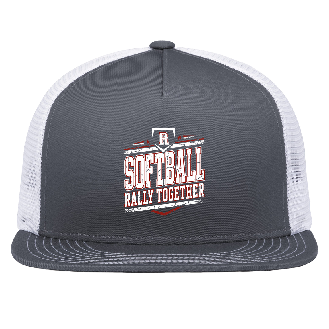 rally-softball-rally-base-rally-together-white-pacific-headwear-d-series-5-panel-trucker-snapback-cap — Graphite/White — Front — source sha256 61522afe938f639b8d859b60cac0bfc49c4d56dc50b46001c8b631d573414521 — Color position 4