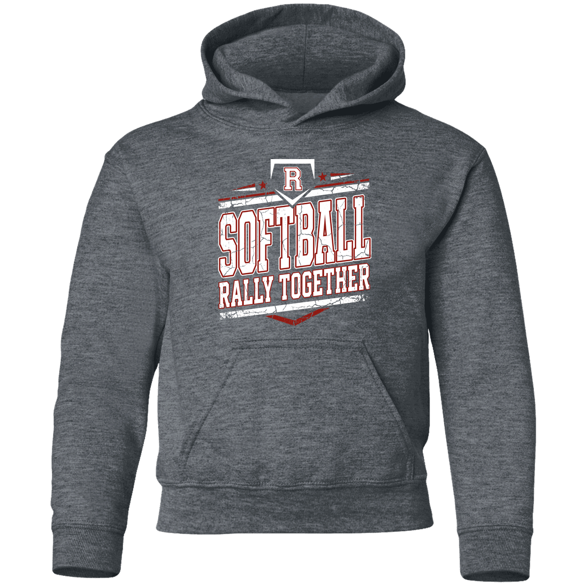 rally-softball-rally-base-rally-together-white-gildan-youth-pullover-hoodie — Dark Heather — Front — source sha256 cc9fb87064d18721599bb183dcf8add3aa7814263f98886fd43b440ad5381b26 — Color position 2