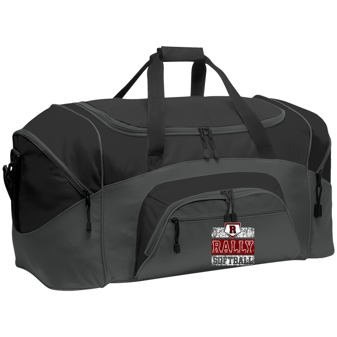 rally-softball-rally-base-softball-blocks-white-port-company-sport-duffel — Dark Charcoal/Black — Front — source sha256 9eb0b40230e219287347be766a43331ed907dcd4e90f95f6813e0b06355a1165 — Color position 2