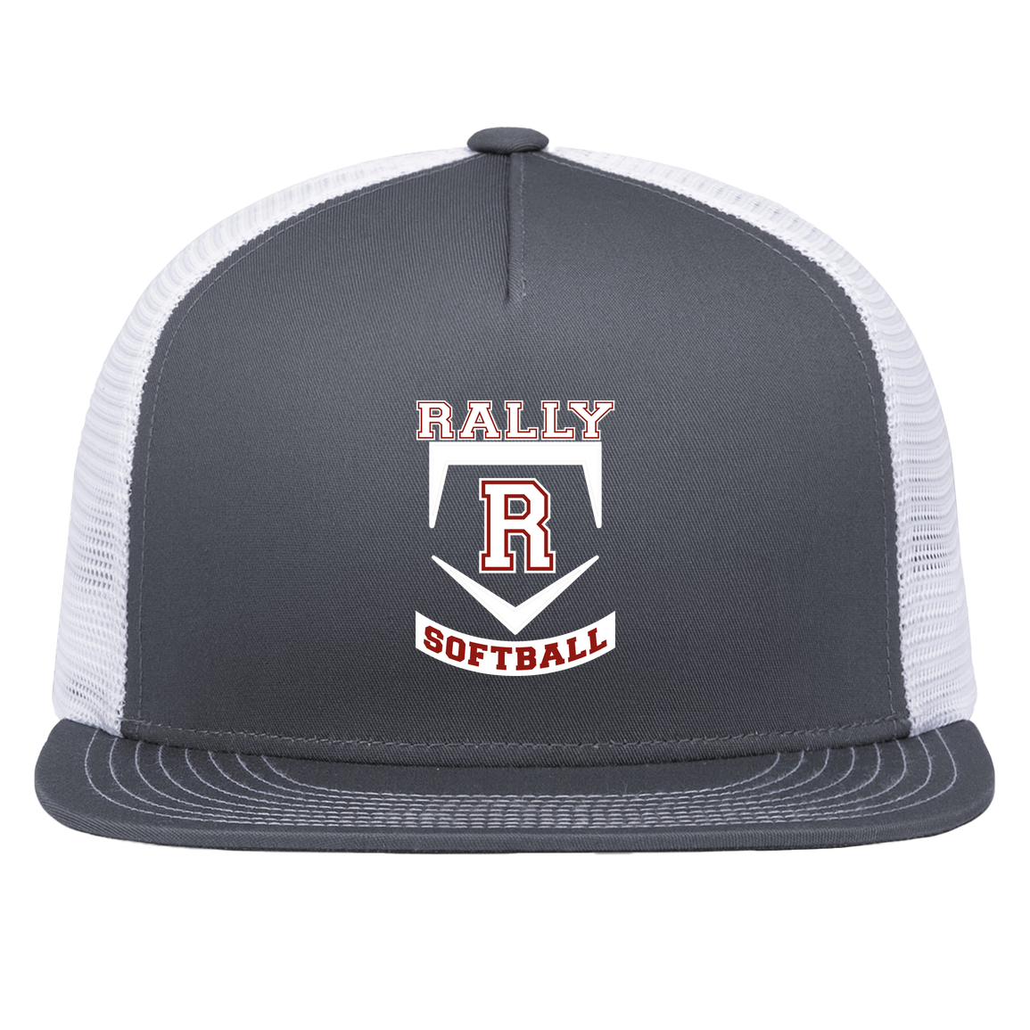 rally-softball-base-white-pacific-headwear-d-series-5-panel-trucker-snapback-cap — Graphite/White — Front — source sha256 2652a830126f7f18653ce45aaafcd3460134a0b482d4d28c74c873ce02cadf62 — Color position 4