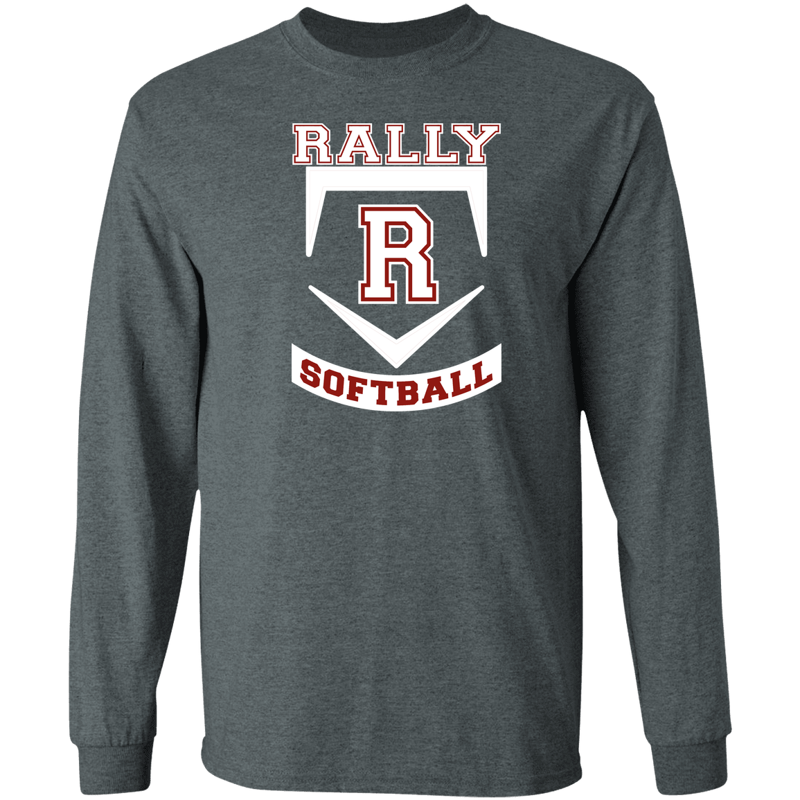 rally-softball-base-white-gildan-ls-t-shirt-5-3-oz — Dark Heather — Front — source sha256 32bbfb3637a9aa2f7ba4acc90c600477ba438f7071527d079ea5e854d8d79e22 — Color position 1