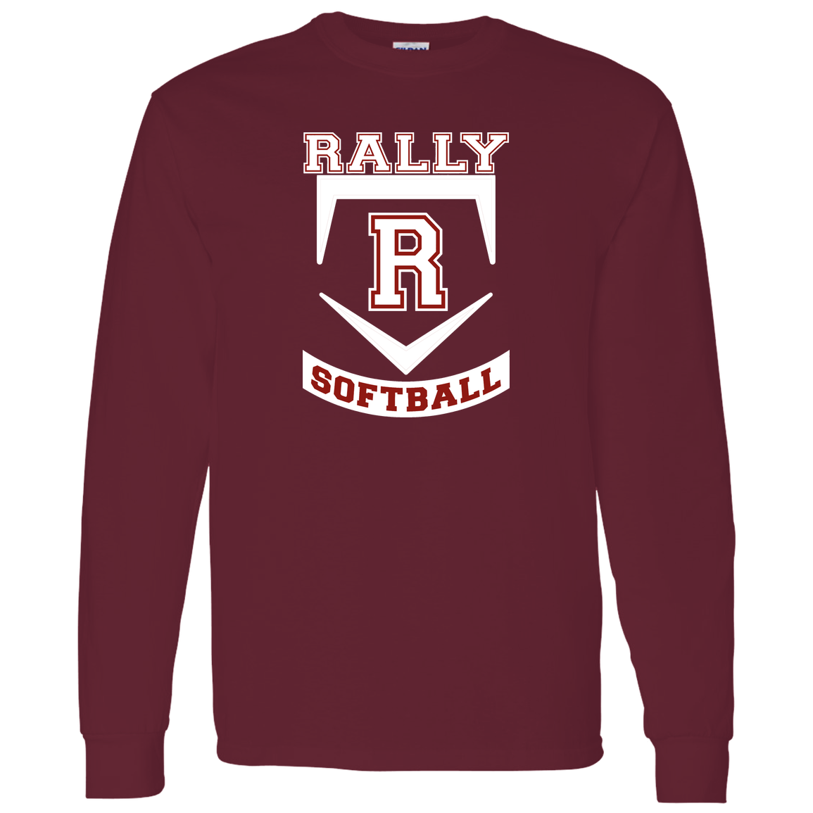 rally-softball-base-white-gildan-ls-t-shirt-5-3-oz — Maroon — Front — source sha256 360f66afcd092079ed64ef53020bbabec5dafdd1f3a65d452fac6aa93b8cb3b1 — Color position 3