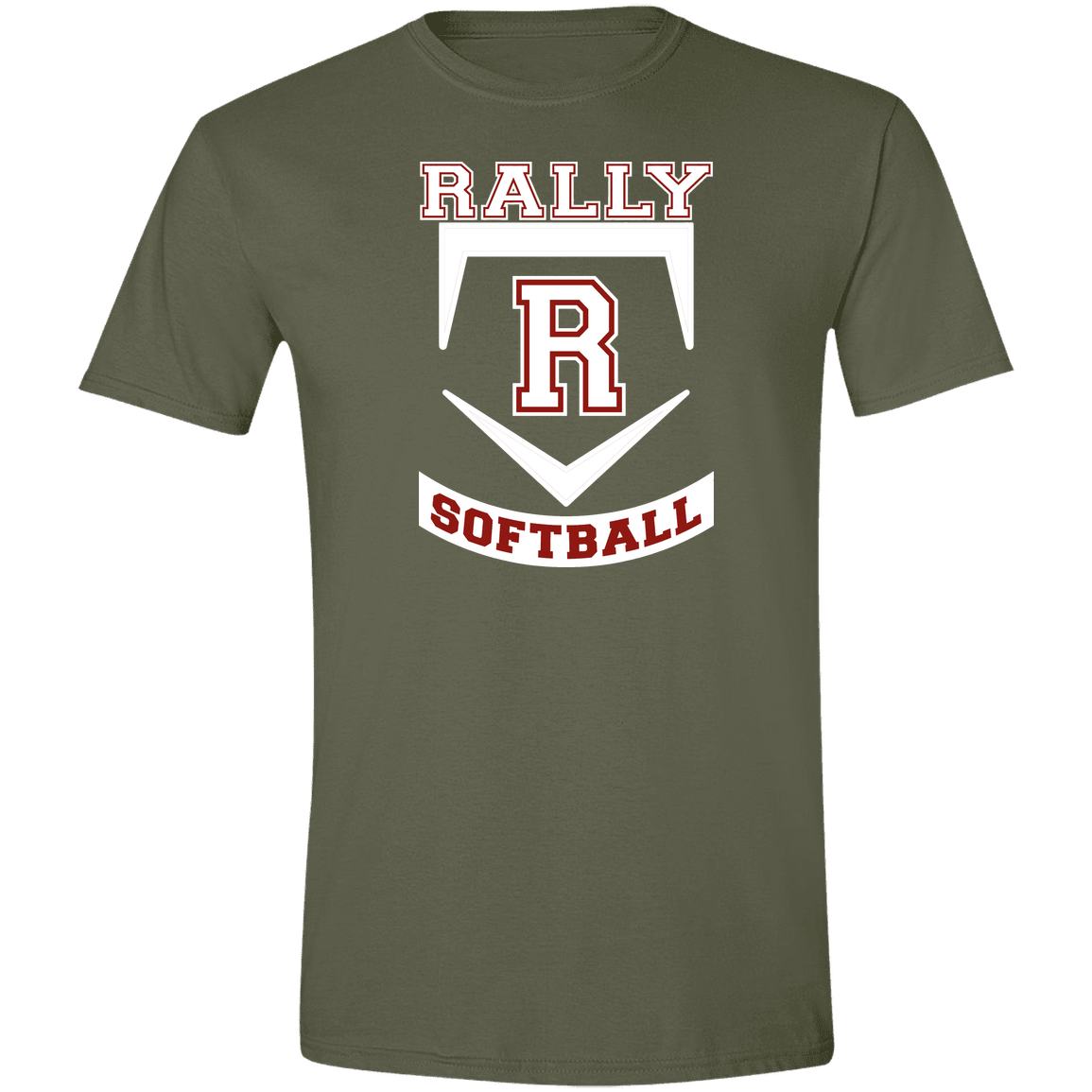 rally-softball-base-white-gildan-mens-softstyle-tee — Military Green — Front — source sha256 41a5006b26e61f3b65cf7150168b88af3f5db3104e72785f68d1b73449d2df69 — Color position 1