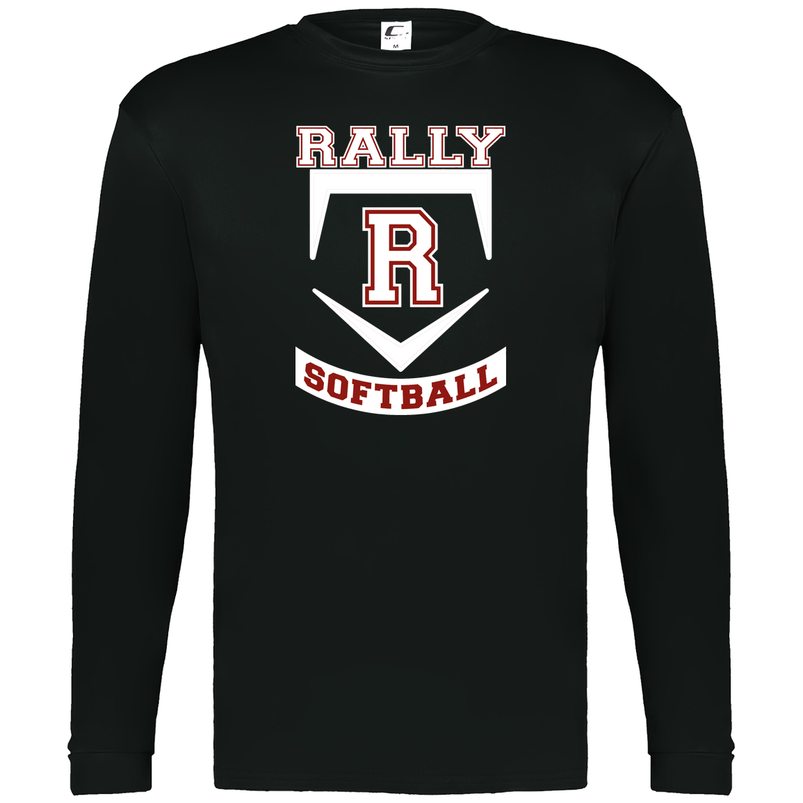rally-softball-base-white-c2-mens-performance-long-sleeve-tee — Black — Front — source sha256 4ced8d2346d401b7118b8f1c60ea69cf23b4b96d715b6dede0b4750a894240e0 — Color position 1