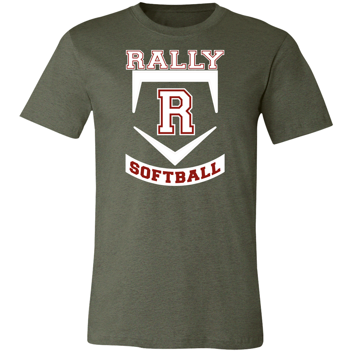 rally-softball-base-white-bella-canvas-unisex-jersey-short-sleeve-t-shirt — Heather Military Green — Front — source sha256 56cd9ead653b45bab9480beaf7be82dc1ed116200df3dc4188c8a45ae438f0c5 — Color position 1