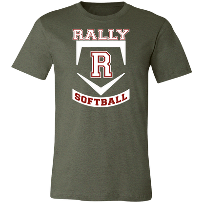rally-softball-base-white-bella-canvas-unisex-jersey-short-sleeve-t-shirt — Heather Military Green — Front — source sha256 56cd9ead653b45bab9480beaf7be82dc1ed116200df3dc4188c8a45ae438f0c5 — Color position 1