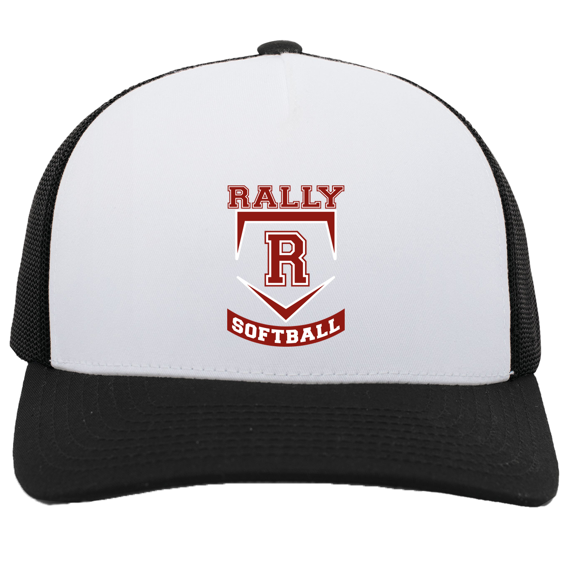 rally-softball-base-pacific-headwear-5-panel-trucker-snapback-cap — White/Black — Front — source sha256 5798e1e6337e4c9606e812841239805aea2242d59bcc33480caed54f96839331 — Color position 5