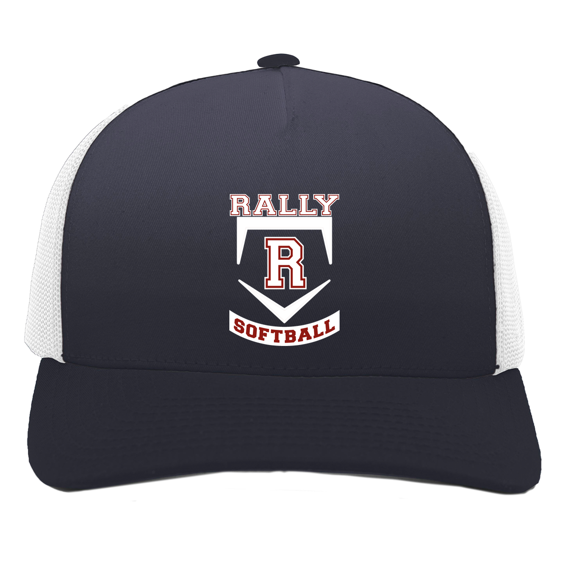 rally-softball-base-white-pacific-headwear-5-panel-trucker-snapback-cap — Navy/White — Front — source sha256 5fb6e42e5c06505be8a070e064225f9f743a99aedb2bd7e6fd66ad5e434b53d1 — Color position 1