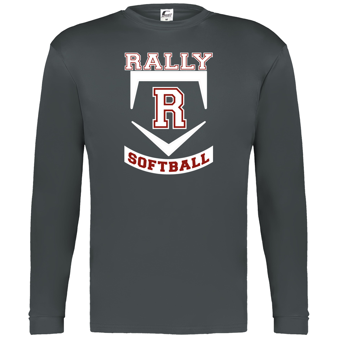 rally-softball-base-white-c2-mens-performance-long-sleeve-tee — Graphite — Front — source sha256 691fae21b3ea254090eb4b91841b7cb65e826cc9352a19b53b467ce5b8e3bf70 — Color position 2